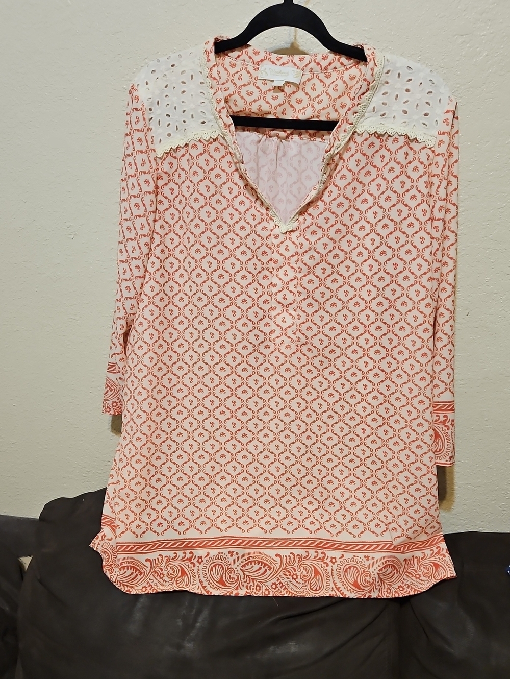 Peach Printed Split-Neck Tunic with Eyelet Yoke